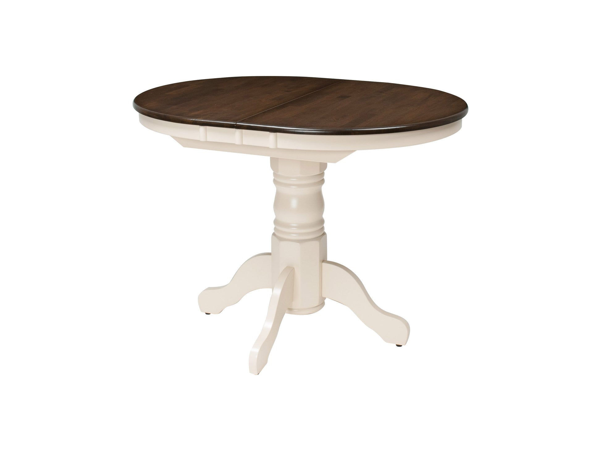 Alt Text:  
Dark brown oval extendable dining table with cream upholstered chairs, wooden legs, and smooth finish, perfect for modern dining rooms.