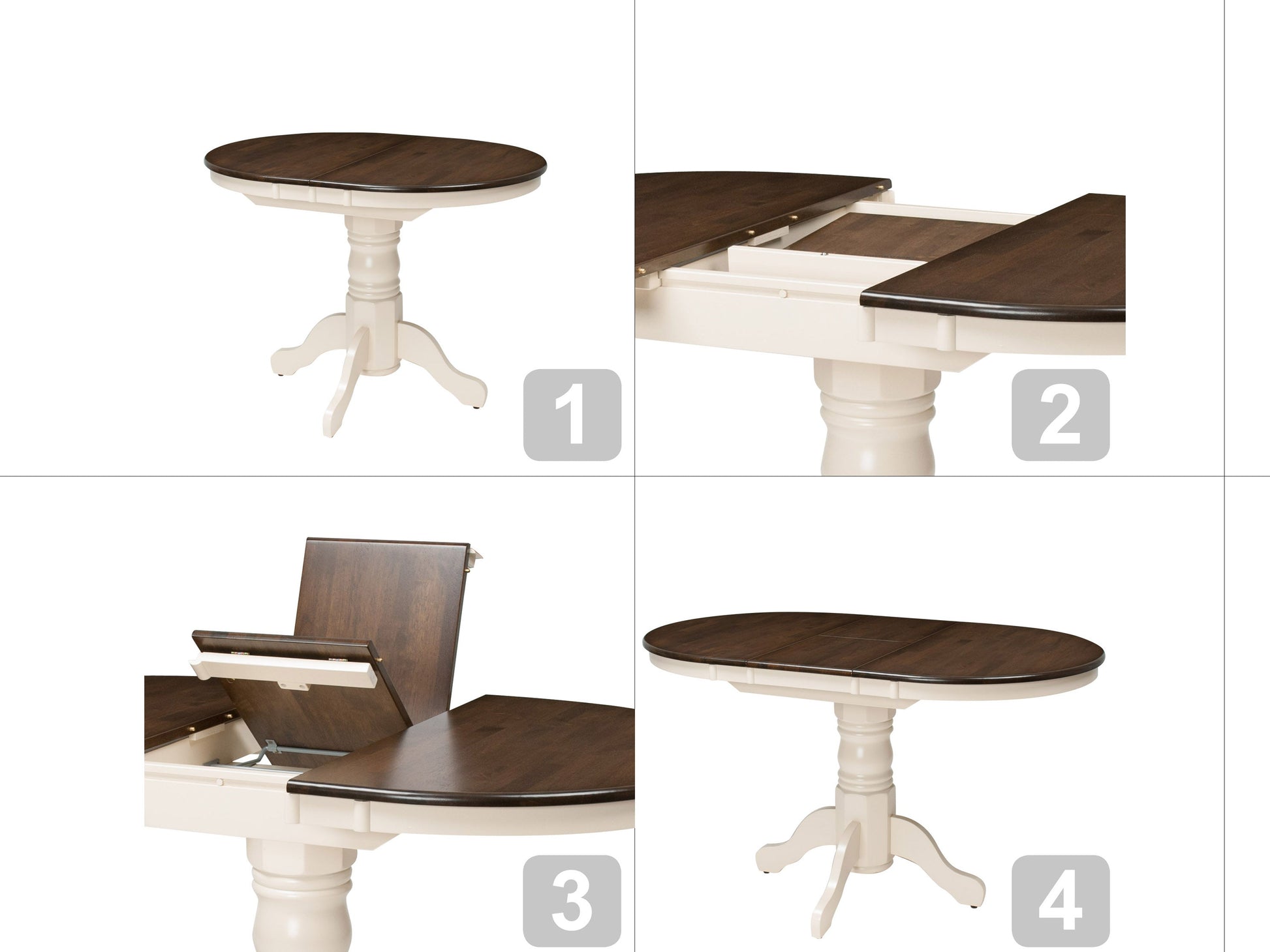 Alt Text:  
Dark brown oval extendable dining table with cream upholstered chairs, wooden legs, and smooth finish, perfect for modern dining rooms.