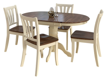 Alt Text:  
Dark brown oval extendable dining table with cream upholstered chairs, wooden legs, and smooth finish, perfect for modern dining rooms.