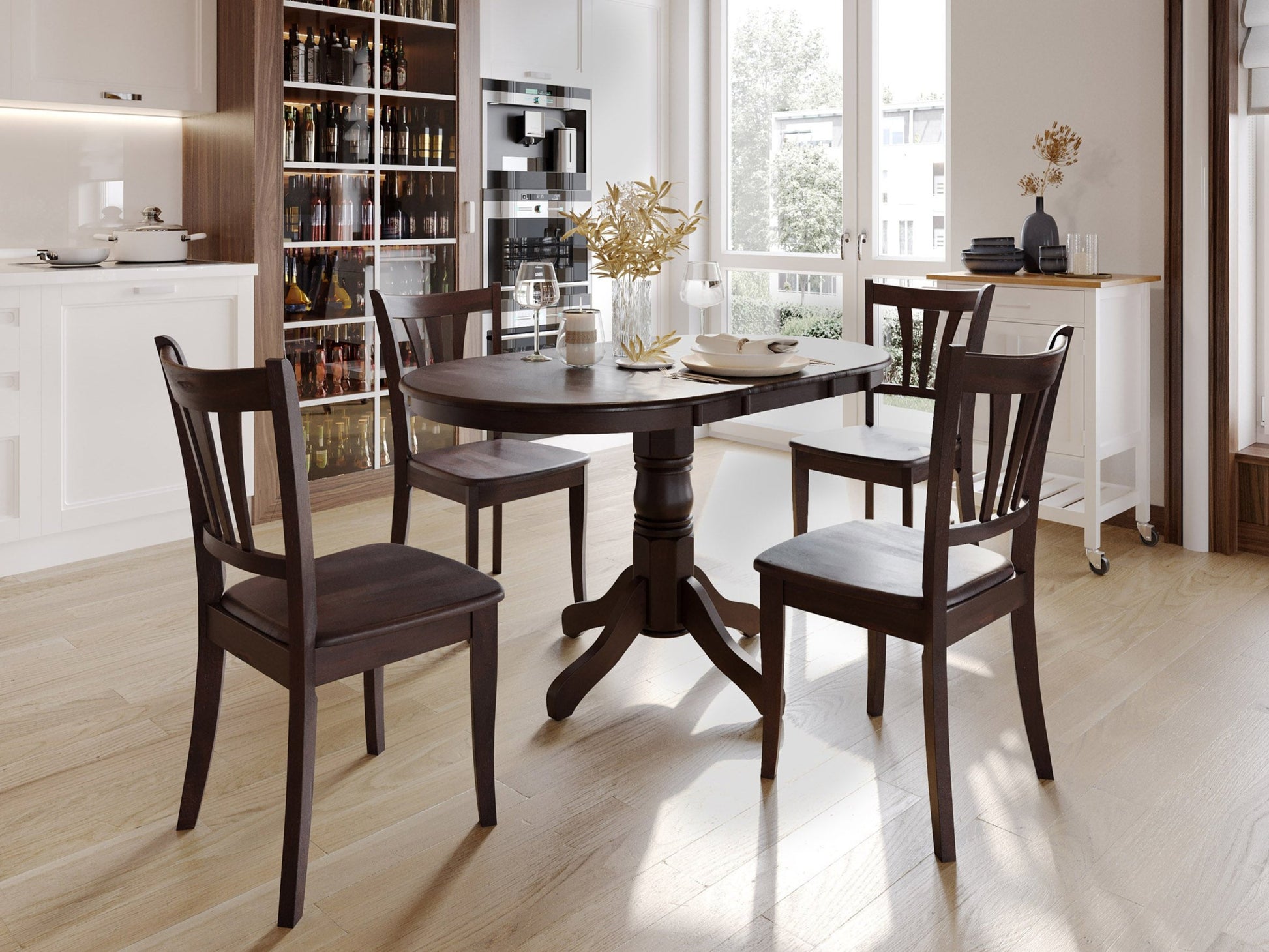 Espresso-colored extendable oval dining table set with 4 matching chairs, wooden construction, sleek finish, and modern design, perfect for contemporary dining rooms and family gatherings.