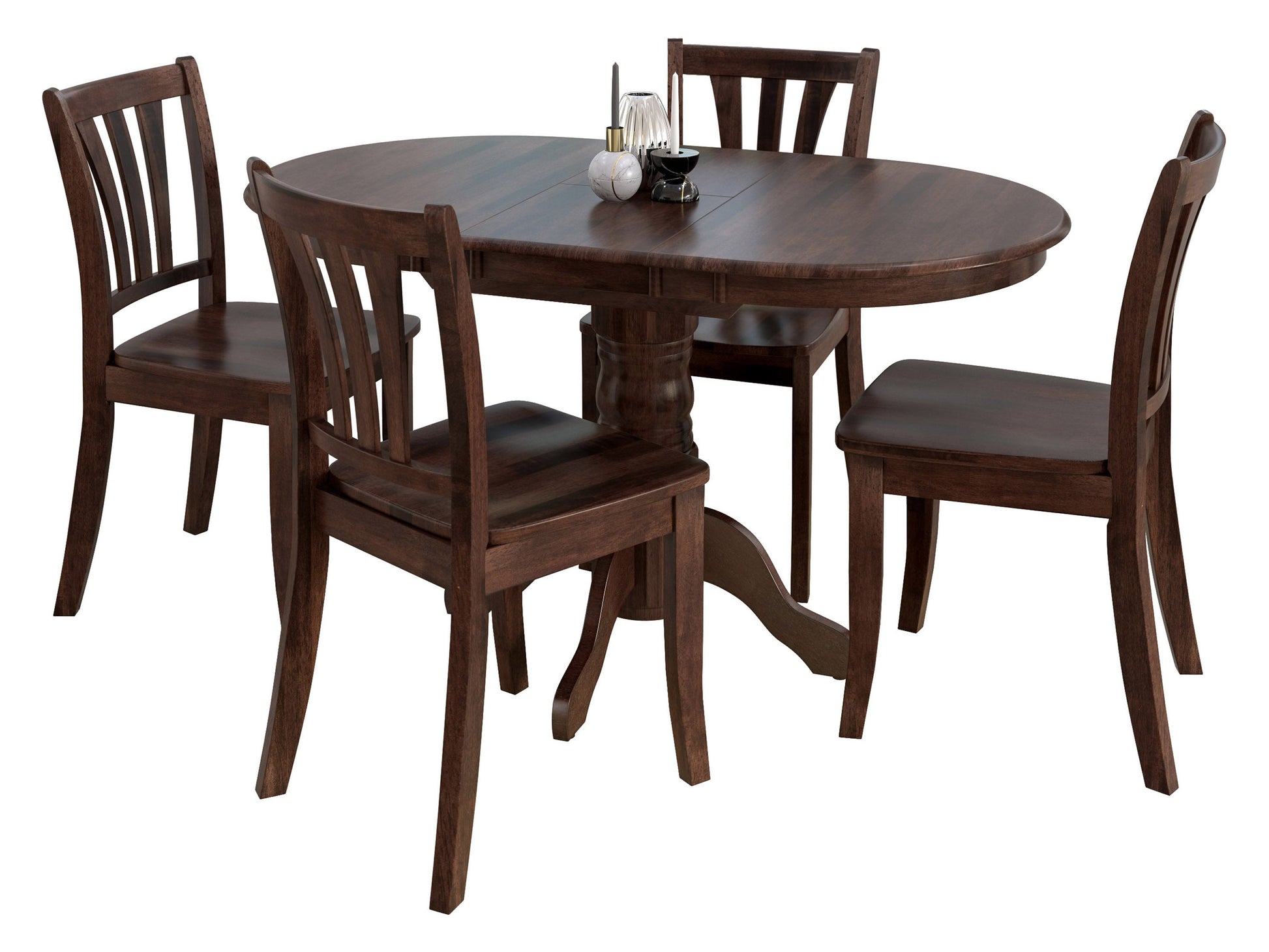 Espresso-colored extendable oval dining table set with 4 matching chairs, wooden construction, sleek finish, and modern design, perfect for contemporary dining rooms and family gatherings.