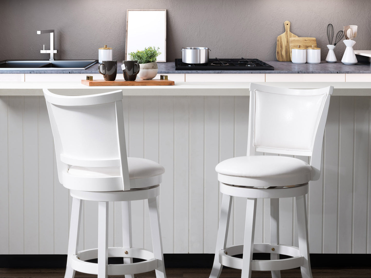 White counter height bar stools set of 2 with cushioned seats, sleek chrome legs, and modern design. Ideal for kitchen islands and home bars.