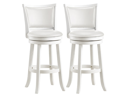 White bar height bar stools set of 2, featuring sleek chrome legs, cushioned seats with white faux leather upholstery, and footrests for added comfort, perfect for modern kitchen or bar settings.