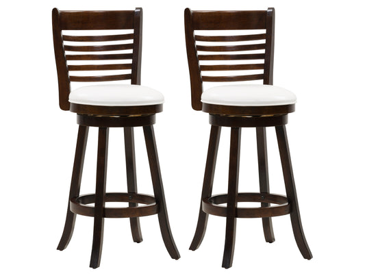 White bar height bar stools set of 2, featuring sleek chrome legs, cushioned seats with white faux leather upholstery, and footrests for added comfort, perfect for modern kitchen or bar settings.