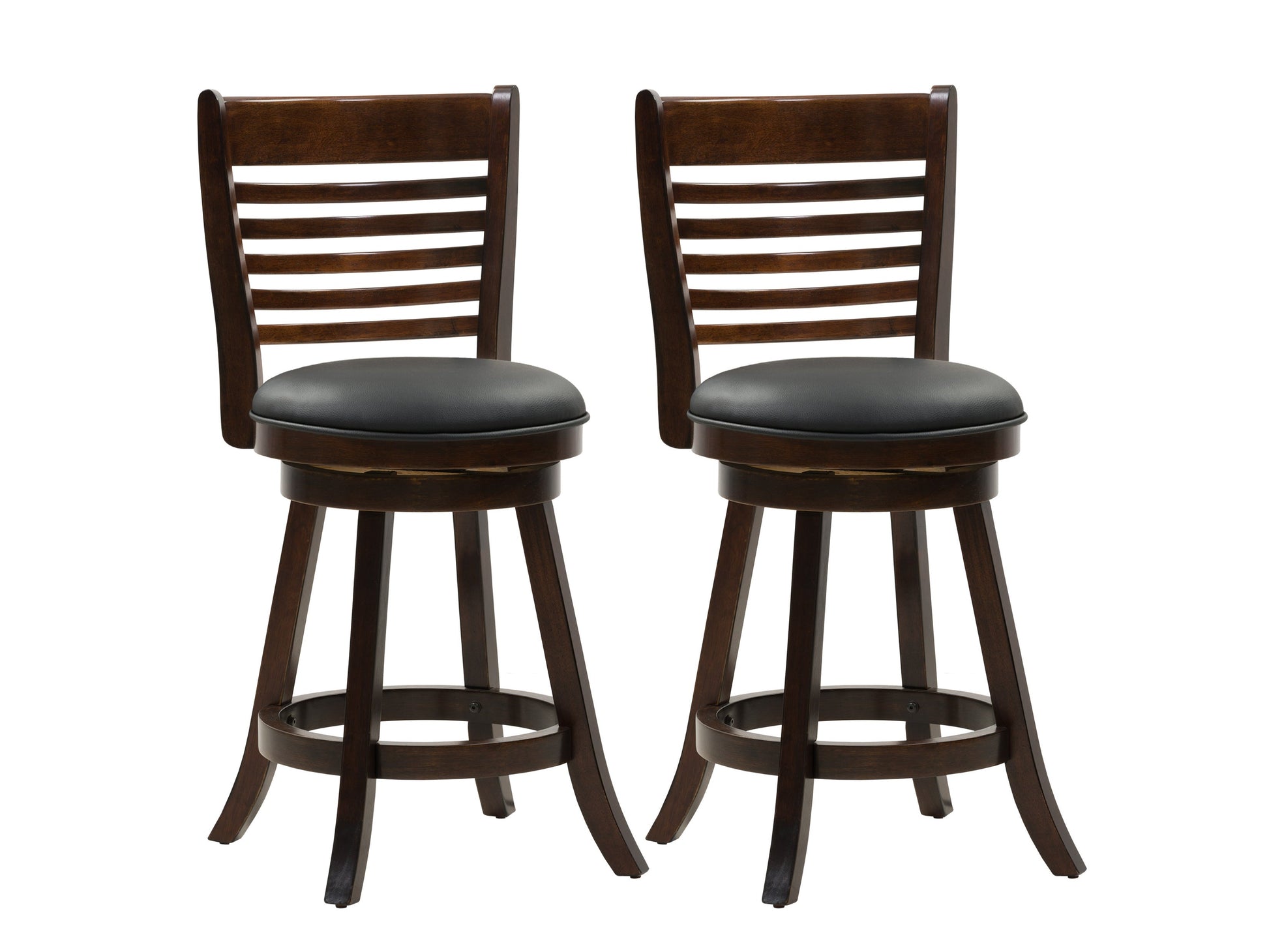 Black counter height bar stools, set of 2, featuring sleek metal frames, cushioned seats in faux leather, and footrests for added comfort. Ideal for modern kitchens, home bars, or dining areas.