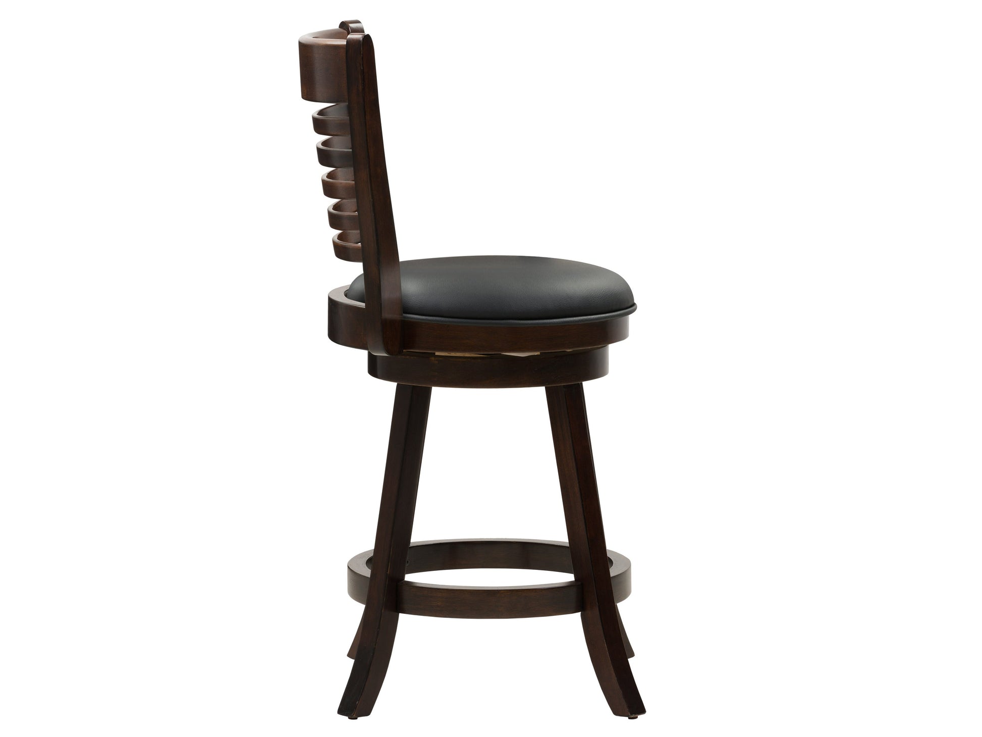 Black counter height bar stools, set of 2, featuring sleek metal frames, cushioned seats in faux leather, and footrests for added comfort. Ideal for modern kitchens, home bars, or dining areas.