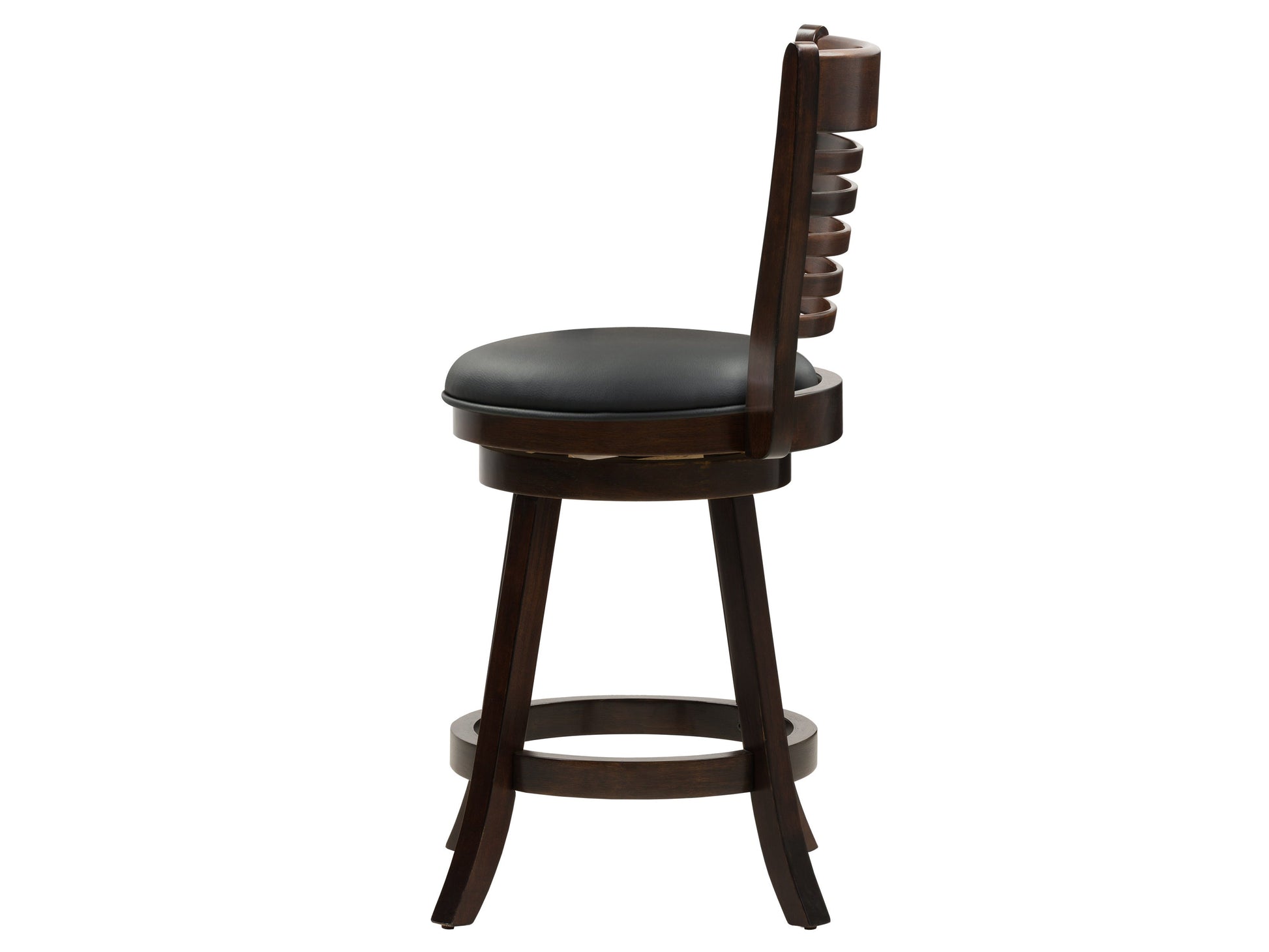 Black counter height bar stools, set of 2, featuring sleek metal frames, cushioned seats in faux leather, and footrests for added comfort. Ideal for modern kitchens, home bars, or dining areas.