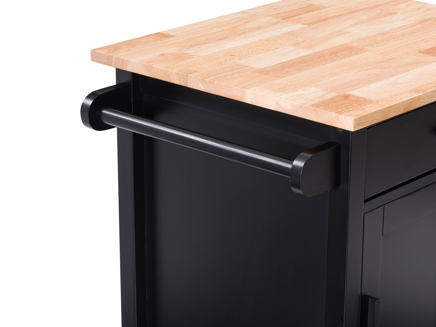 Black kitchen cart on wheels with two shelves, a drawer, and a towel rack. Made of sturdy wood with a sleek black finish. Ideal for extra storage and mobility in the kitchen.