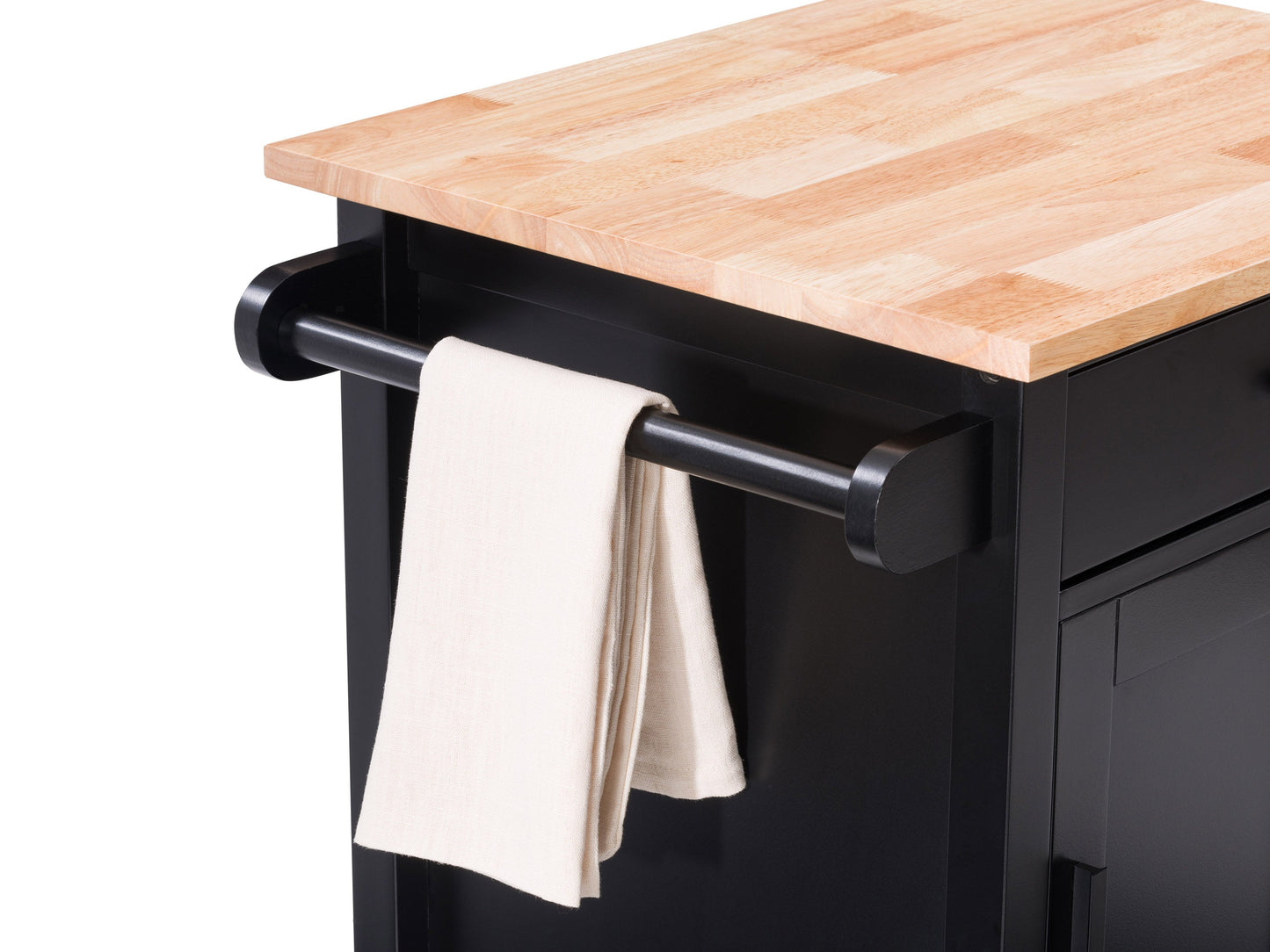 Black kitchen cart on wheels with two shelves, a drawer, and a towel rack. Made of sturdy wood with a sleek black finish. Ideal for extra storage and mobility in the kitchen.