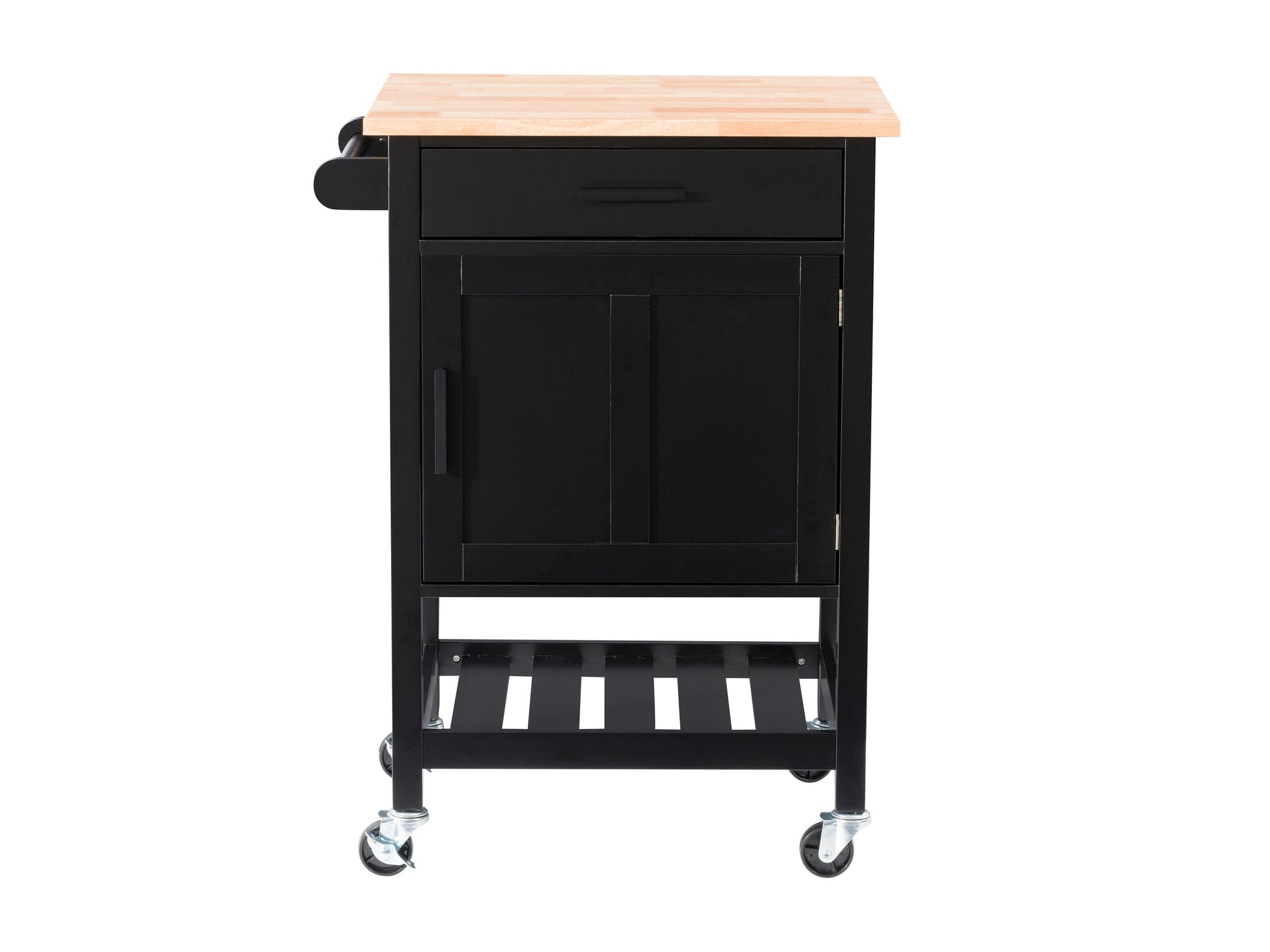 Black kitchen cart on wheels with two shelves, a drawer, and a towel rack. Made of sturdy wood with a sleek black finish. Ideal for extra storage and mobility in the kitchen.