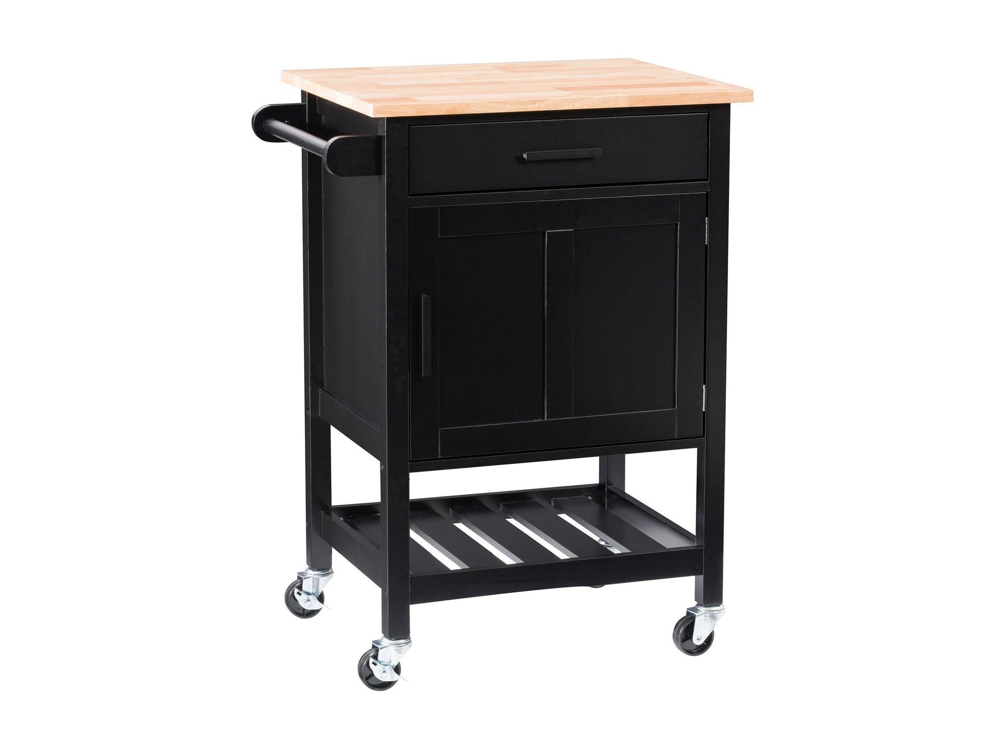 Black kitchen cart on wheels with two shelves, a drawer, and a towel rack. Made of sturdy wood with a sleek black finish. Ideal for extra storage and mobility in the kitchen.