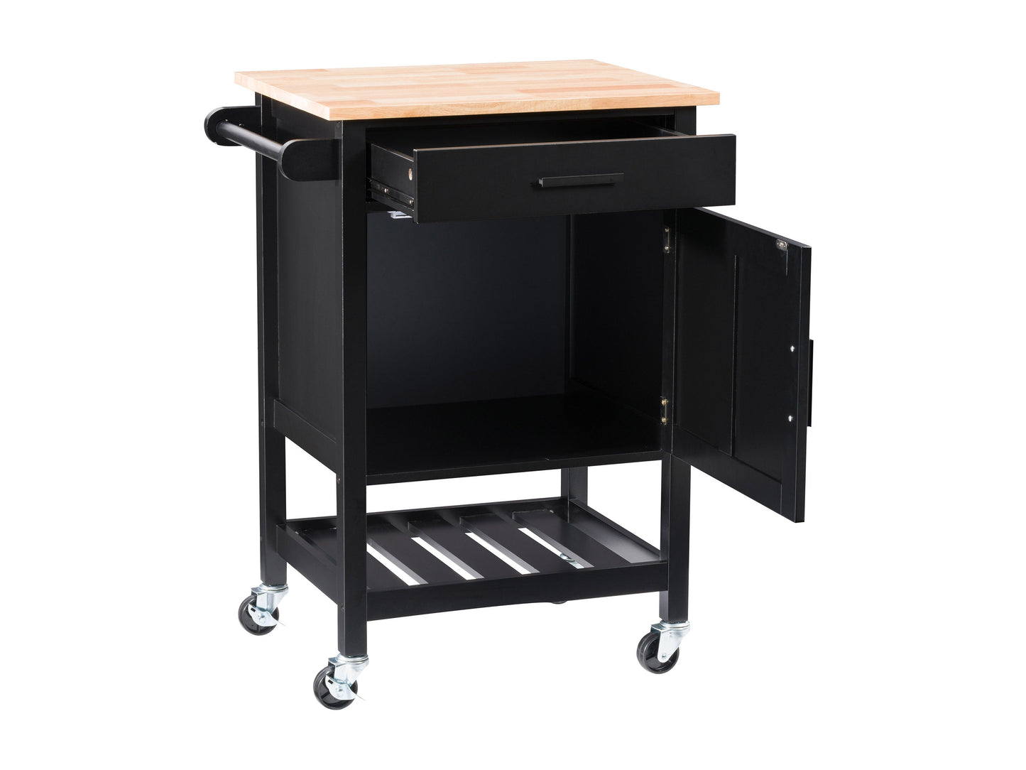 Black kitchen cart on wheels with two shelves, a drawer, and a towel rack. Made of sturdy wood with a sleek black finish. Ideal for extra storage and mobility in the kitchen.