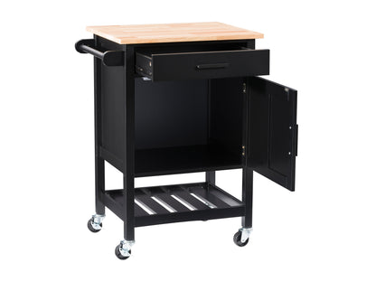 Black kitchen cart on wheels with two shelves, a drawer, and a towel rack. Made of sturdy wood with a sleek black finish. Ideal for extra storage and mobility in the kitchen.