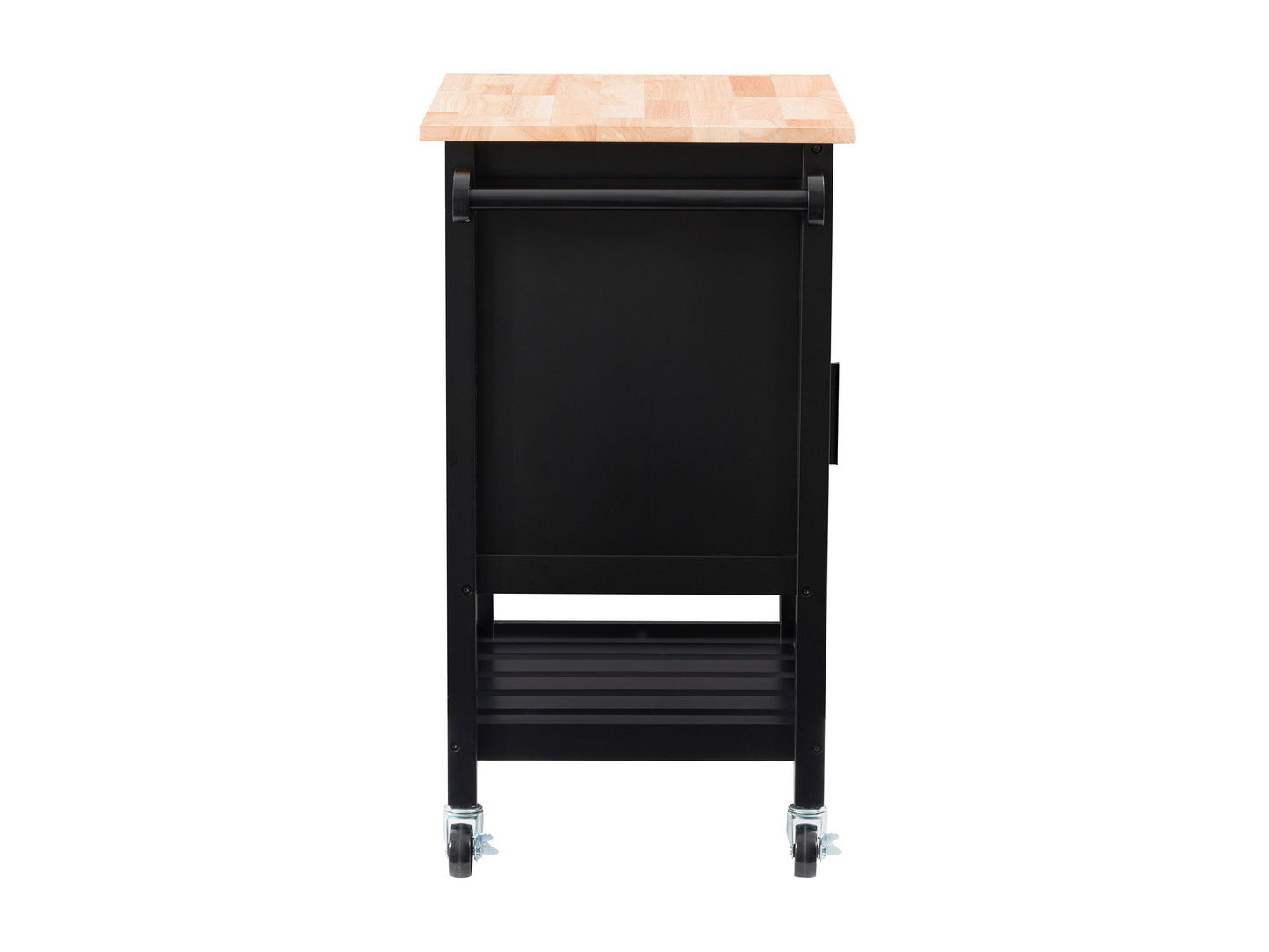 Black kitchen cart on wheels with two shelves, a drawer, and a towel rack. Made of sturdy wood with a sleek black finish. Ideal for extra storage and mobility in the kitchen.