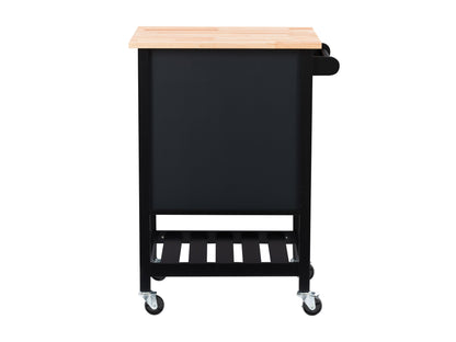 Black kitchen cart on wheels with two shelves, a drawer, and a towel rack. Made of sturdy wood with a sleek black finish. Ideal for extra storage and mobility in the kitchen.