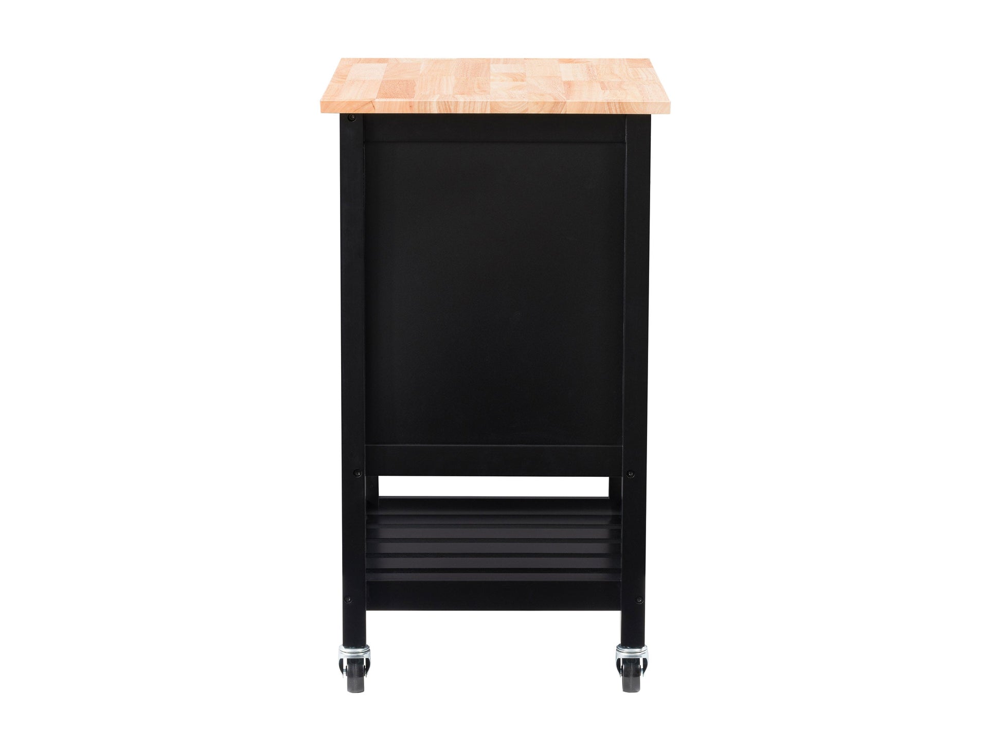 Black kitchen cart on wheels with two shelves, a drawer, and a towel rack. Made of sturdy wood with a sleek black finish. Ideal for extra storage and mobility in the kitchen.