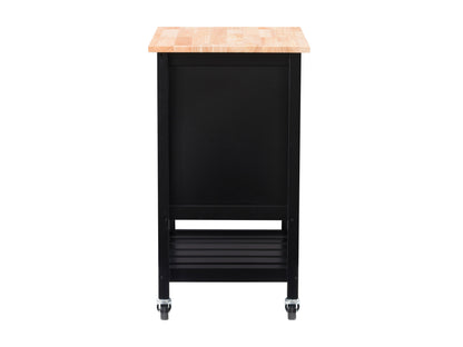 Black kitchen cart on wheels with two shelves, a drawer, and a towel rack. Made of sturdy wood with a sleek black finish. Ideal for extra storage and mobility in the kitchen.