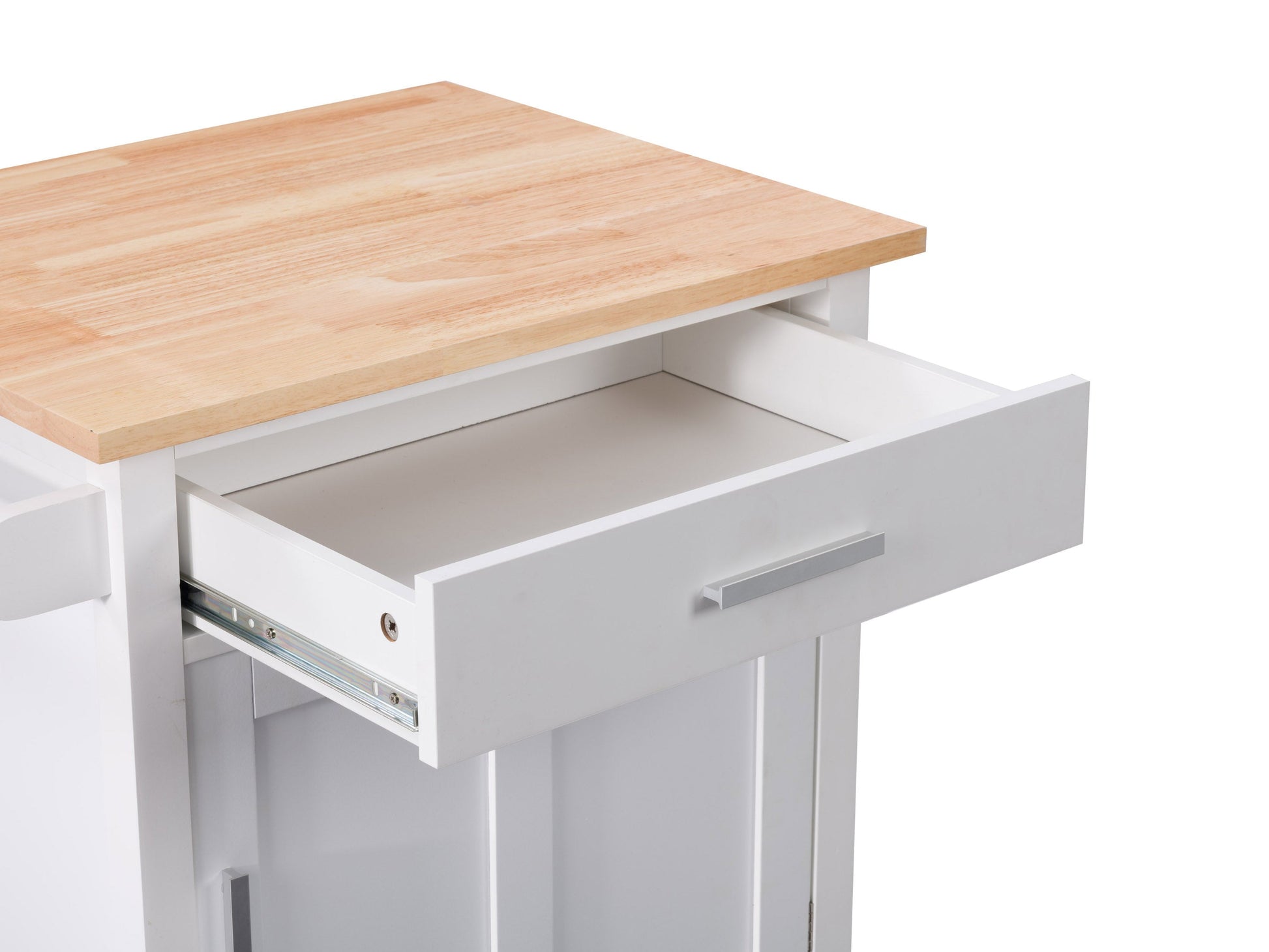 White kitchen cart on wheels with a natural wood top, featuring two drawers, a lower shelf, and side towel rack. Ideal for additional kitchen storage and workspace.