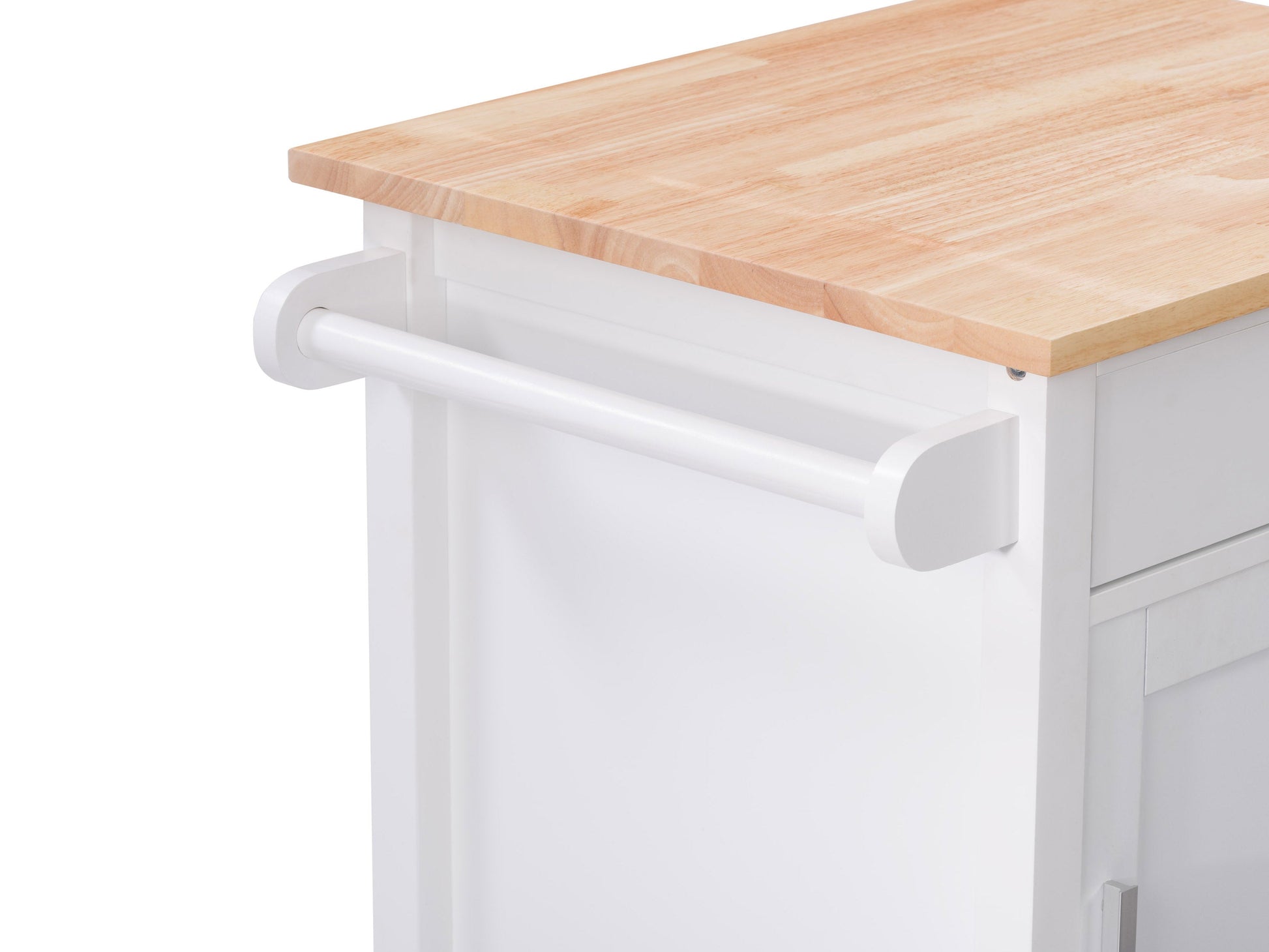 White kitchen cart on wheels with a natural wood top, featuring two drawers, a lower shelf, and side towel rack. Ideal for additional kitchen storage and workspace.