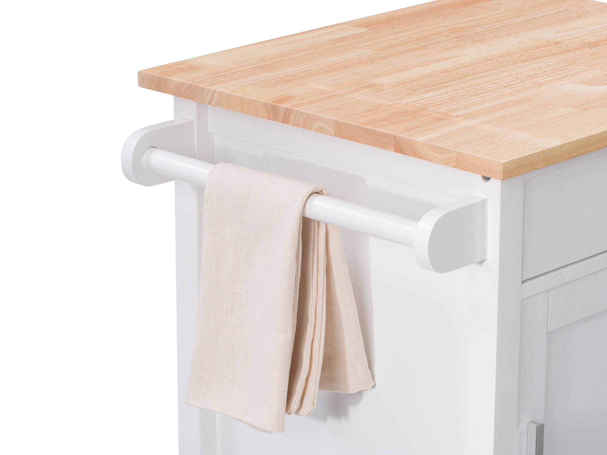 White kitchen cart on wheels with a natural wood top, featuring two drawers, a lower shelf, and side towel rack. Ideal for additional kitchen storage and workspace.