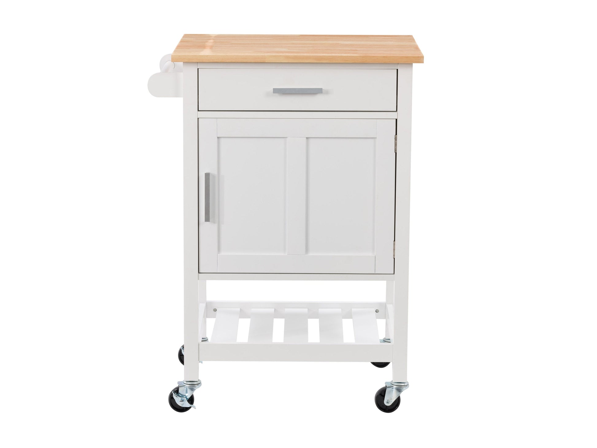 White kitchen cart on wheels with a natural wood top, featuring two drawers, a lower shelf, and side towel rack. Ideal for additional kitchen storage and workspace.