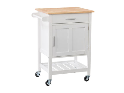 White kitchen cart on wheels with a natural wood top, featuring two drawers, a lower shelf, and side towel rack. Ideal for additional kitchen storage and workspace.