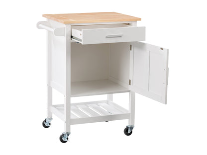 White kitchen cart on wheels with a natural wood top, featuring two drawers, a lower shelf, and side towel rack. Ideal for additional kitchen storage and workspace.