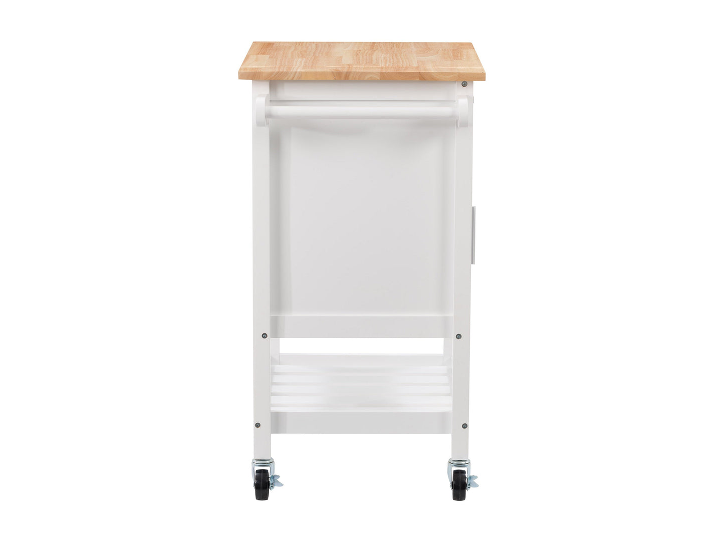 White kitchen cart on wheels with a natural wood top, featuring two drawers, a lower shelf, and side towel rack. Ideal for additional kitchen storage and workspace.