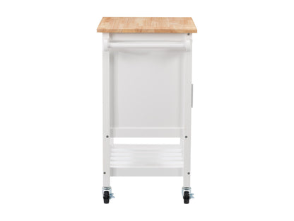 White kitchen cart on wheels with a natural wood top, featuring two drawers, a lower shelf, and side towel rack. Ideal for additional kitchen storage and workspace.