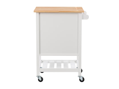 White kitchen cart on wheels with a natural wood top, featuring two drawers, a lower shelf, and side towel rack. Ideal for additional kitchen storage and workspace.