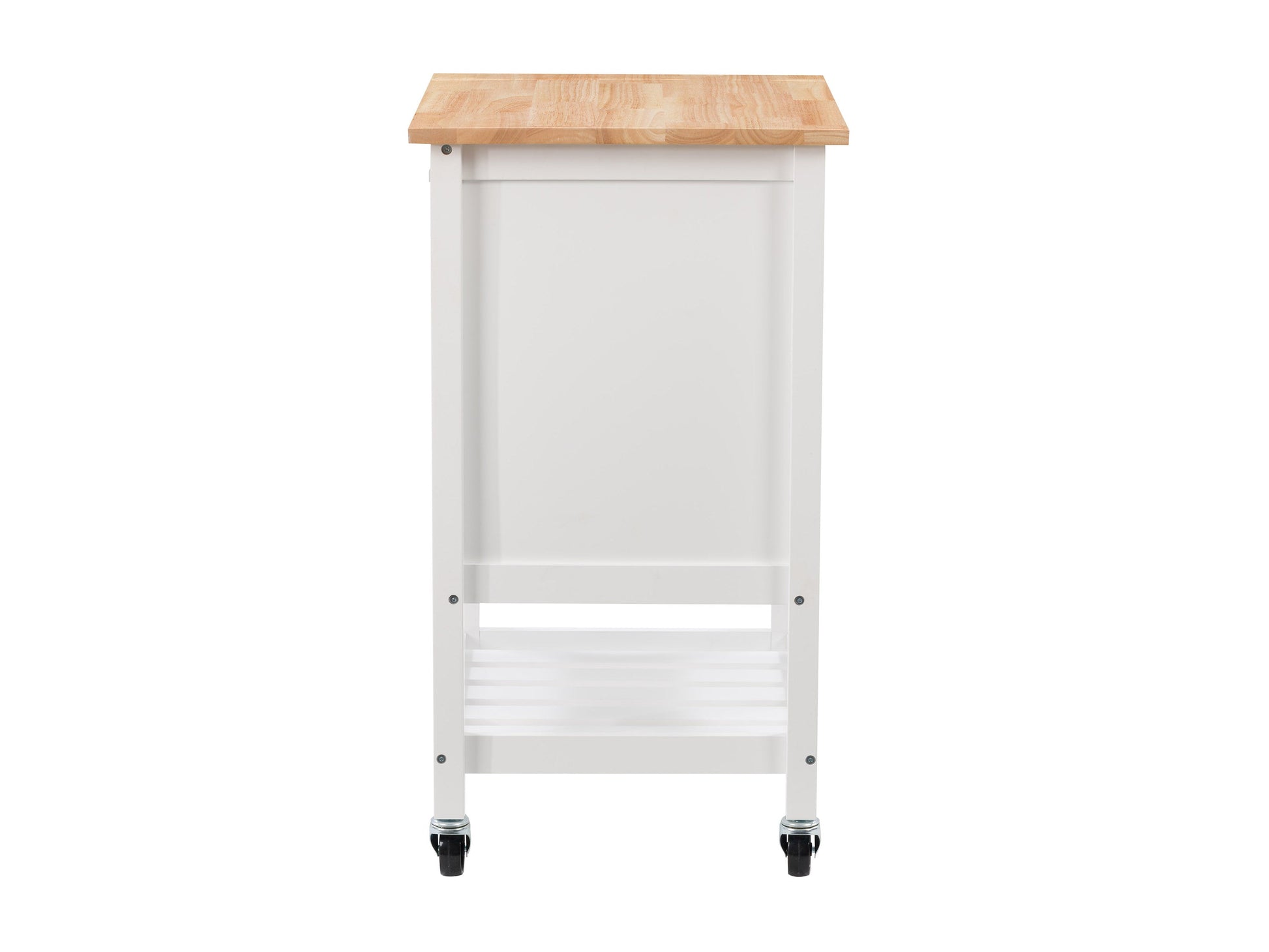 White kitchen cart on wheels with a natural wood top, featuring two drawers, a lower shelf, and side towel rack. Ideal for additional kitchen storage and workspace.