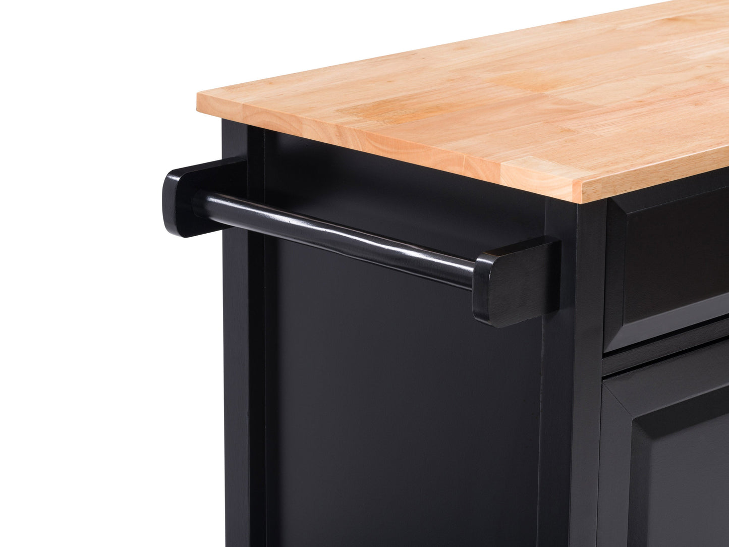 Black kitchen cart on wheels with two shelves, a drawer, and a towel rack. Made of sturdy wood with a sleek black finish. Ideal for extra storage and mobility in the kitchen.