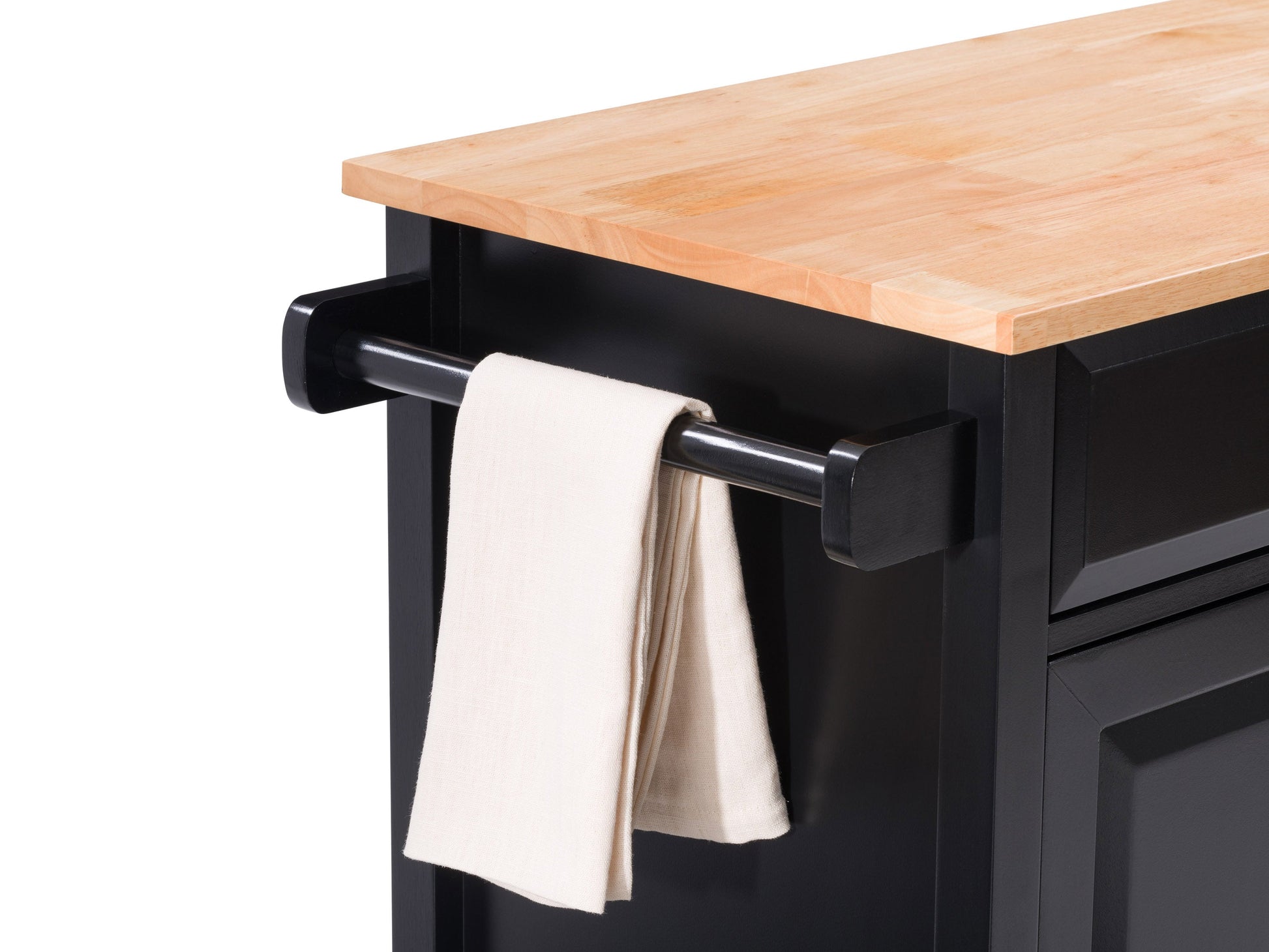 Black kitchen cart on wheels with two shelves, a drawer, and a towel rack. Made of sturdy wood with a sleek black finish. Ideal for extra storage and mobility in the kitchen.