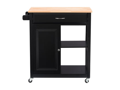 Black kitchen cart on wheels with two shelves, a drawer, and a towel rack. Made of sturdy wood with a sleek black finish. Ideal for extra storage and mobility in the kitchen.