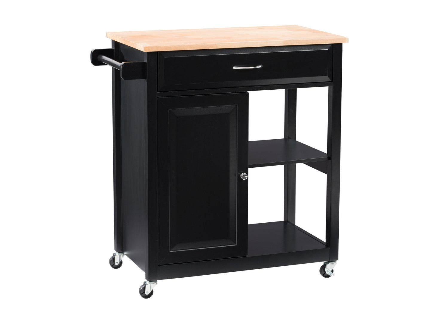 Black kitchen cart on wheels with two shelves, a drawer, and a towel rack. Made of sturdy wood with a sleek black finish. Ideal for extra storage and mobility in the kitchen.