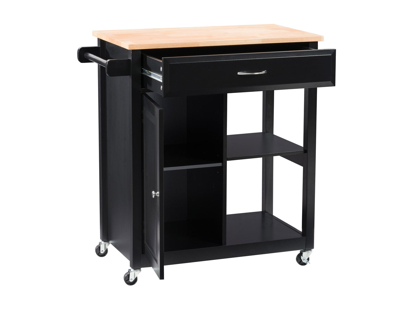 Black kitchen cart on wheels with two shelves, a drawer, and a towel rack. Made of sturdy wood with a sleek black finish. Ideal for extra storage and mobility in the kitchen.