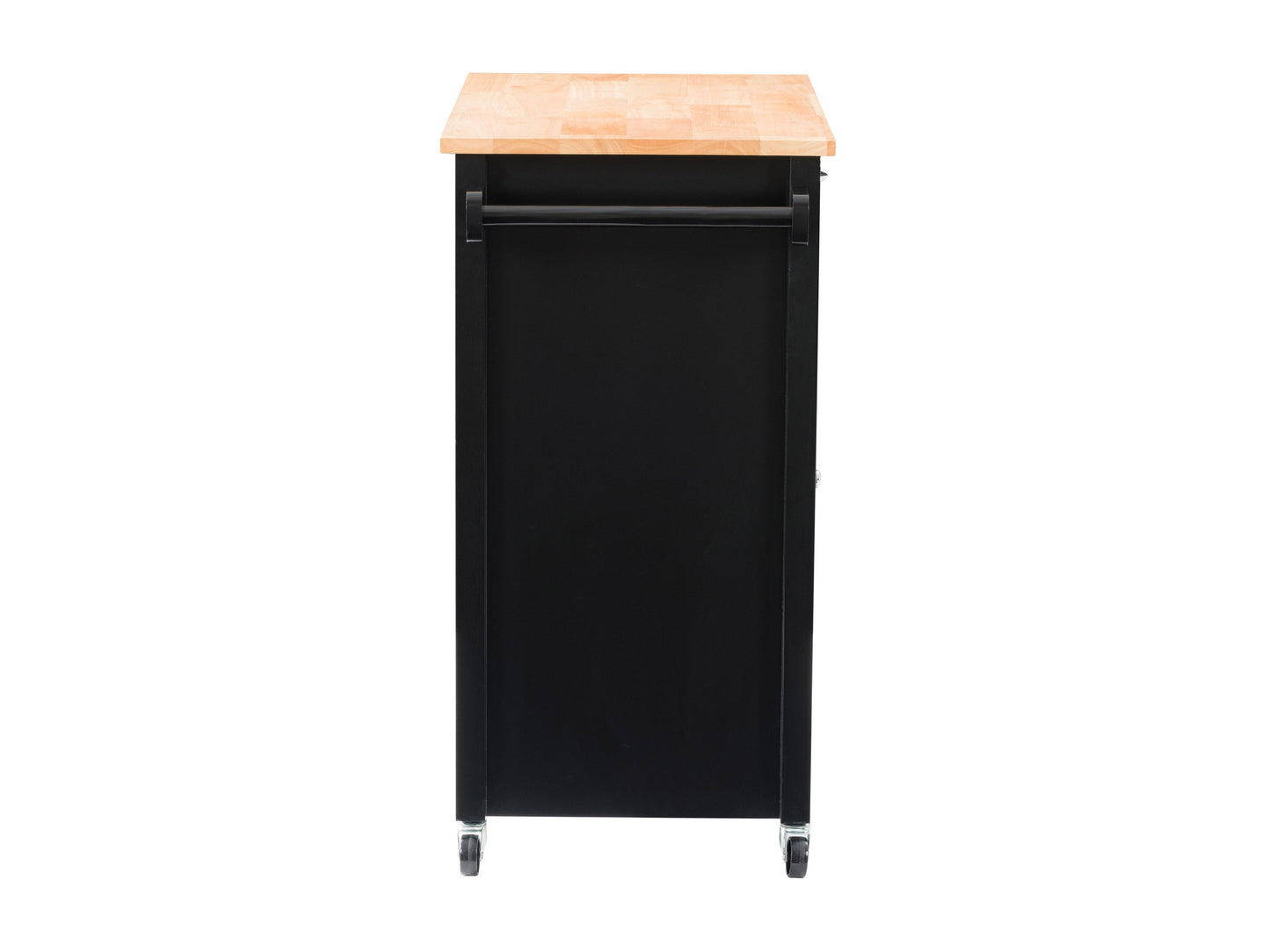 Black kitchen cart on wheels with two shelves, a drawer, and a towel rack. Made of sturdy wood with a sleek black finish. Ideal for extra storage and mobility in the kitchen.