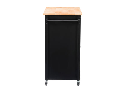 Black kitchen cart on wheels with two shelves, a drawer, and a towel rack. Made of sturdy wood with a sleek black finish. Ideal for extra storage and mobility in the kitchen.