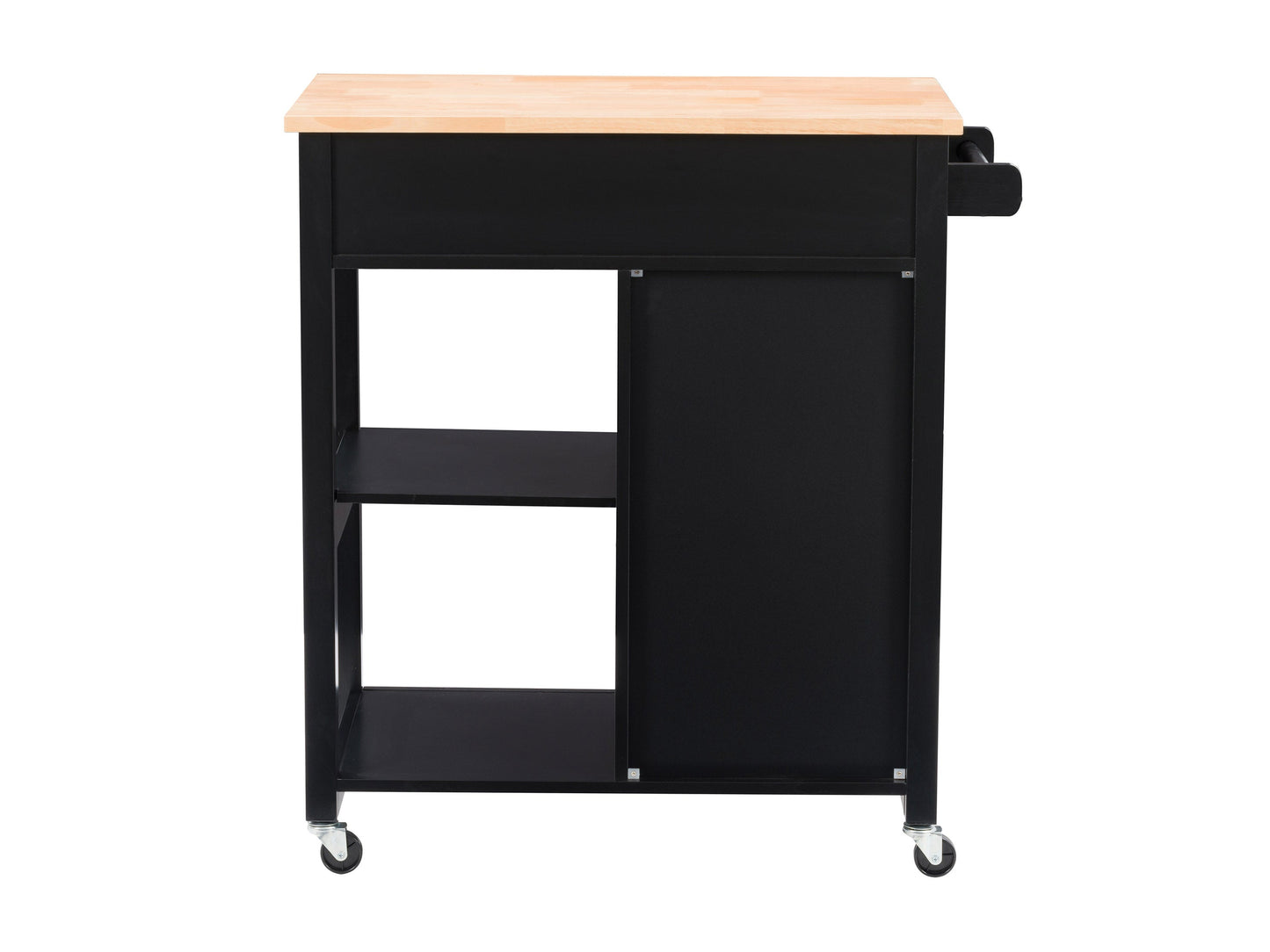 Black kitchen cart on wheels with two shelves, a drawer, and a towel rack. Made of sturdy wood with a sleek black finish. Ideal for extra storage and mobility in the kitchen.