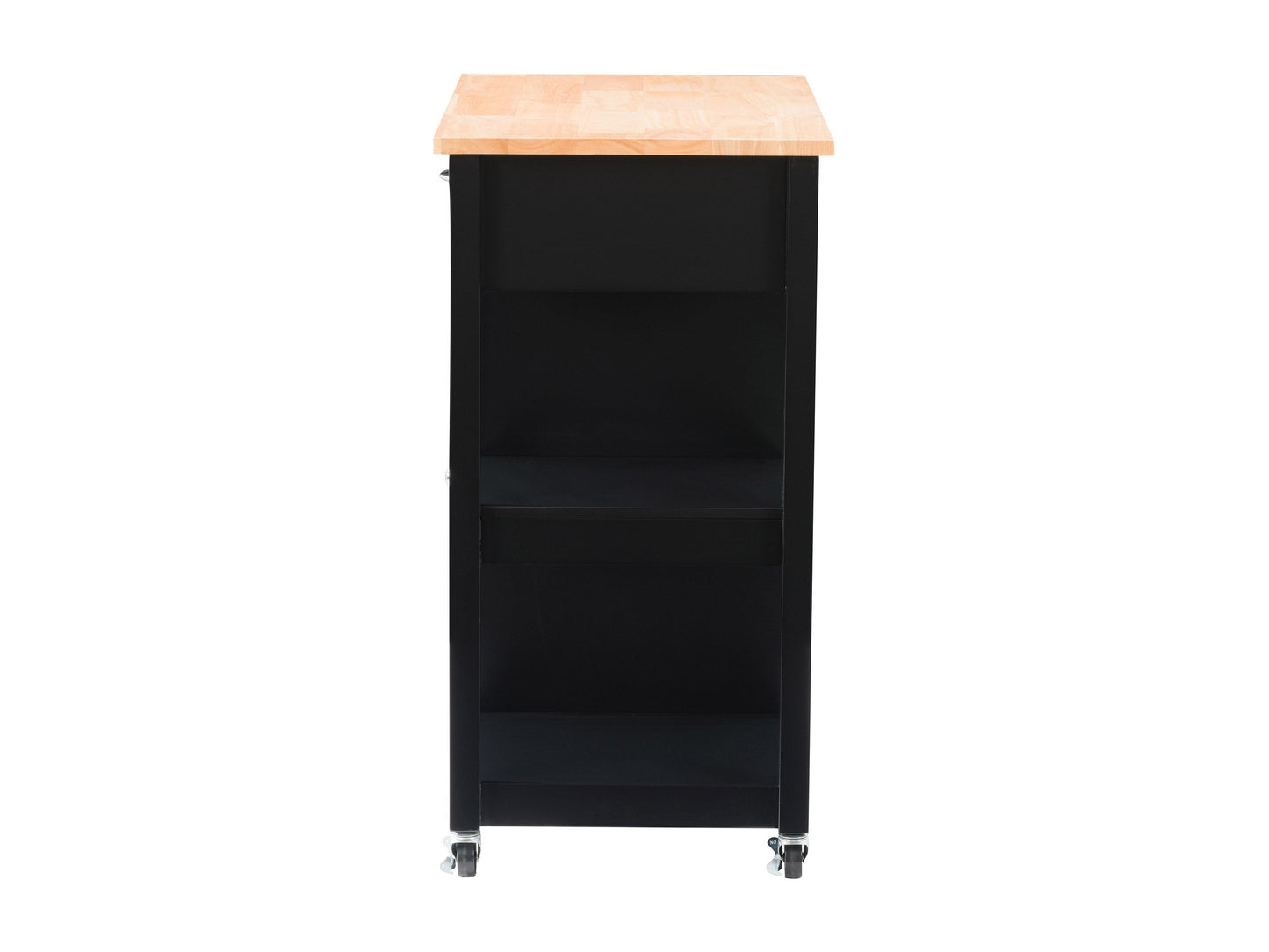 Black kitchen cart on wheels with two shelves, a drawer, and a towel rack. Made of sturdy wood with a sleek black finish. Ideal for extra storage and mobility in the kitchen.