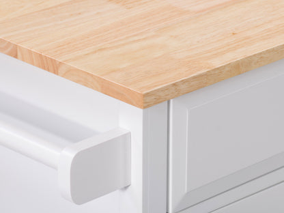 White kitchen cart on wheels with a natural wood top, featuring two drawers, a lower shelf, and side towel rack. Ideal for additional kitchen storage and workspace.