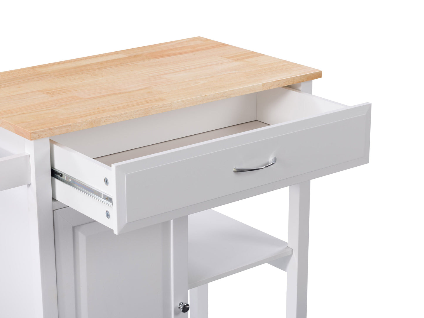 White kitchen cart on wheels with a natural wood top, featuring two drawers, a lower shelf, and side towel rack. Ideal for additional kitchen storage and workspace.