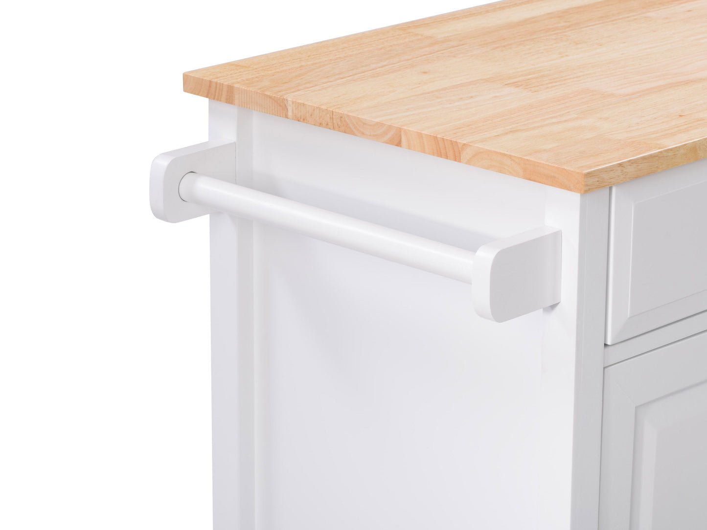 White kitchen cart on wheels with a natural wood top, featuring two drawers, a lower shelf, and side towel rack. Ideal for additional kitchen storage and workspace.