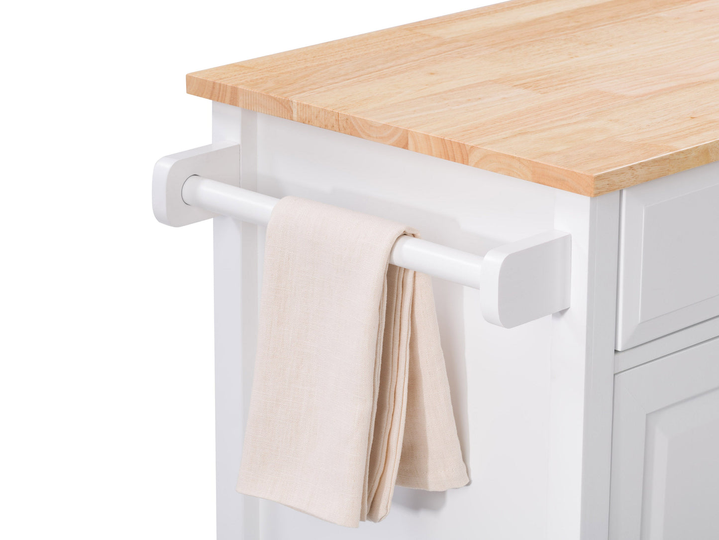 White kitchen cart on wheels with a natural wood top, featuring two drawers, a lower shelf, and side towel rack. Ideal for additional kitchen storage and workspace.