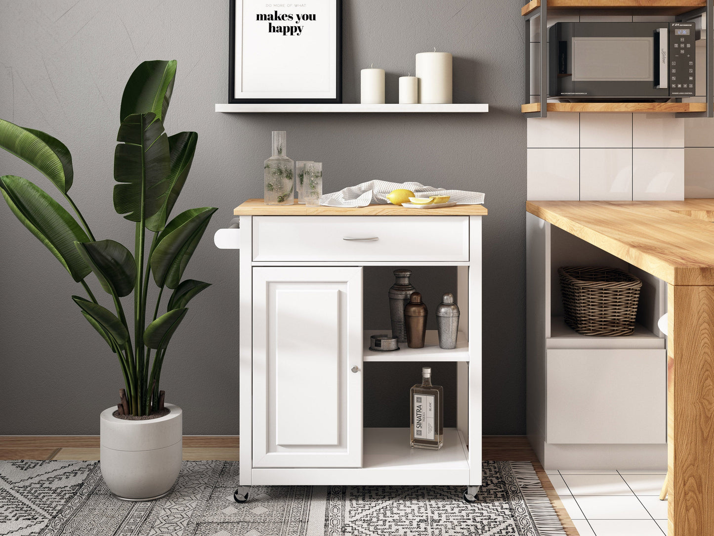 White kitchen cart on wheels with a natural wood top, featuring two drawers, a lower shelf, and side towel rack. Ideal for additional kitchen storage and workspace.