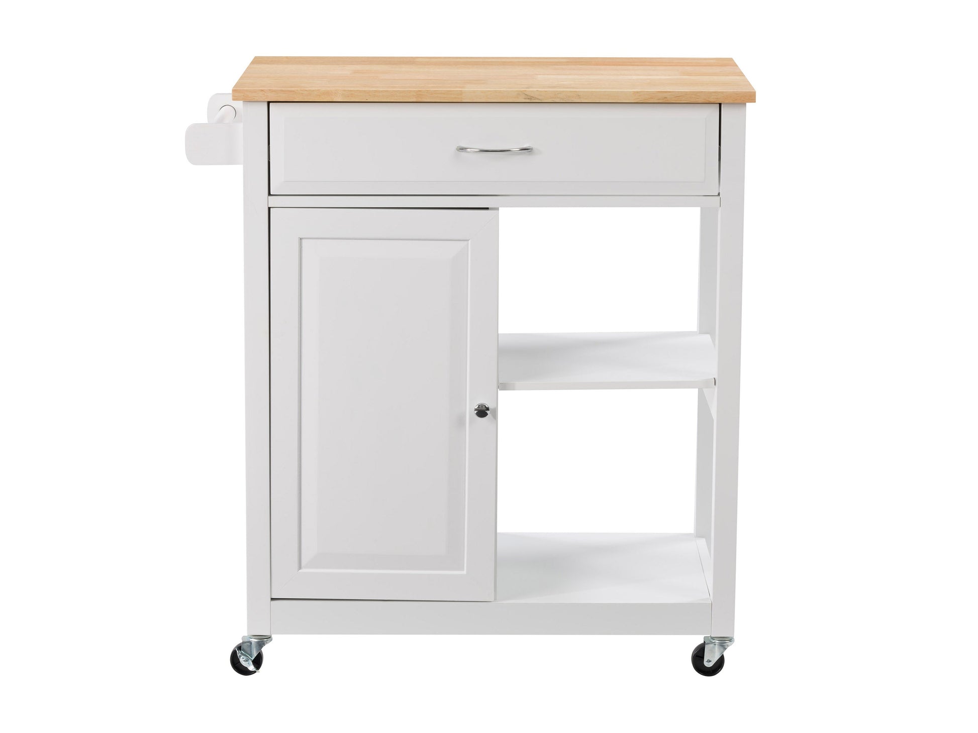 White kitchen cart on wheels with a natural wood top, featuring two drawers, a lower shelf, and side towel rack. Ideal for additional kitchen storage and workspace.