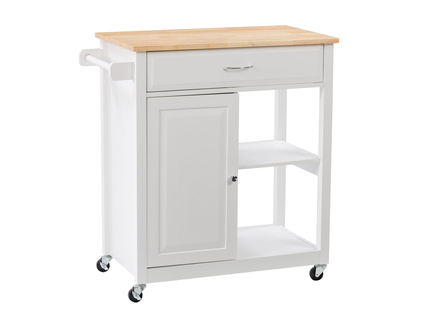 White kitchen cart on wheels with a natural wood top, featuring two drawers, a lower shelf, and side towel rack. Ideal for additional kitchen storage and workspace.