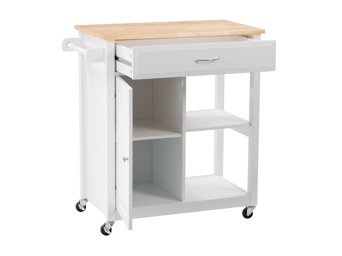 White kitchen cart on wheels with a natural wood top, featuring two drawers, a lower shelf, and side towel rack. Ideal for additional kitchen storage and workspace.