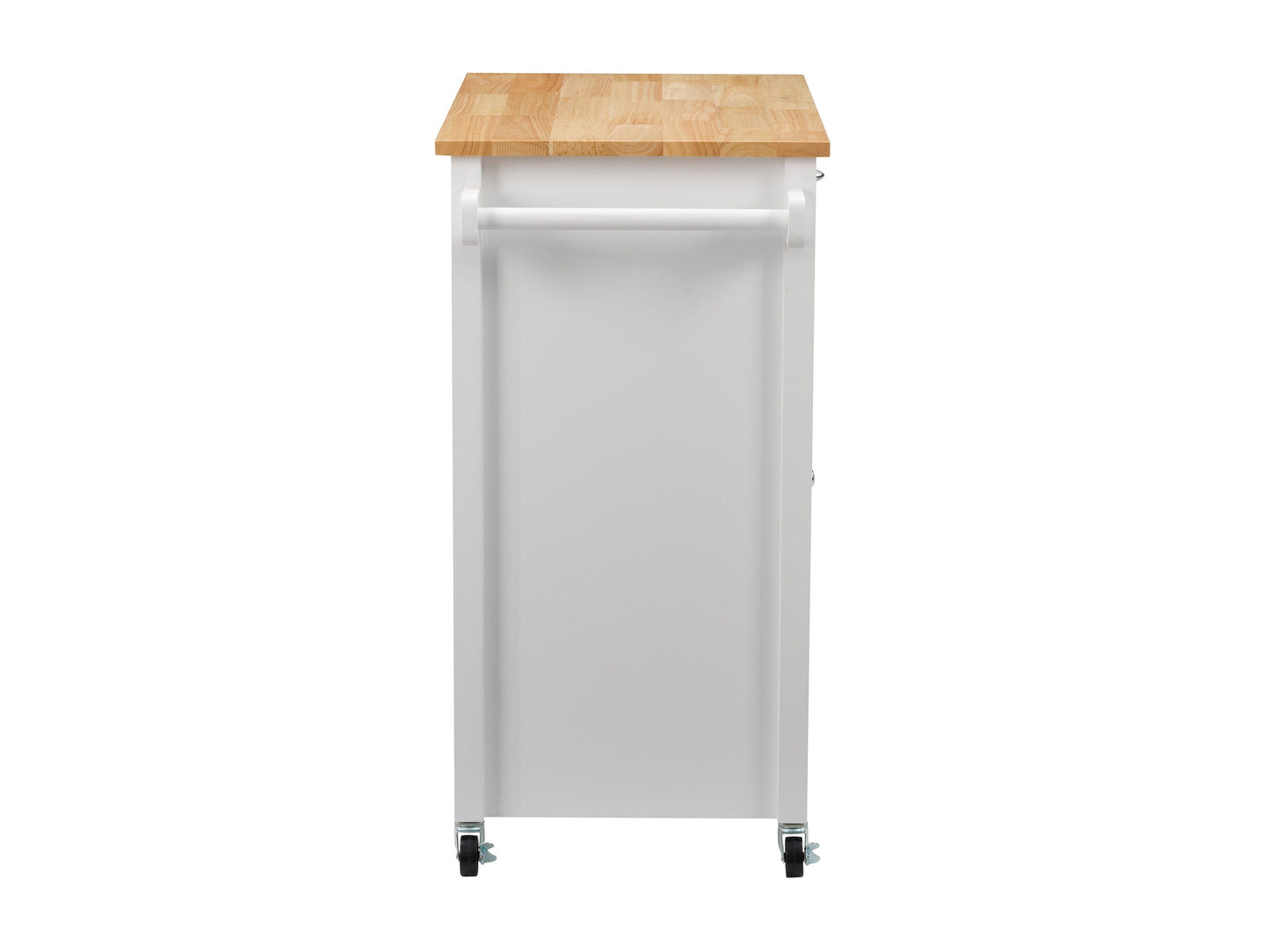 White kitchen cart on wheels with a natural wood top, featuring two drawers, a lower shelf, and side towel rack. Ideal for additional kitchen storage and workspace.