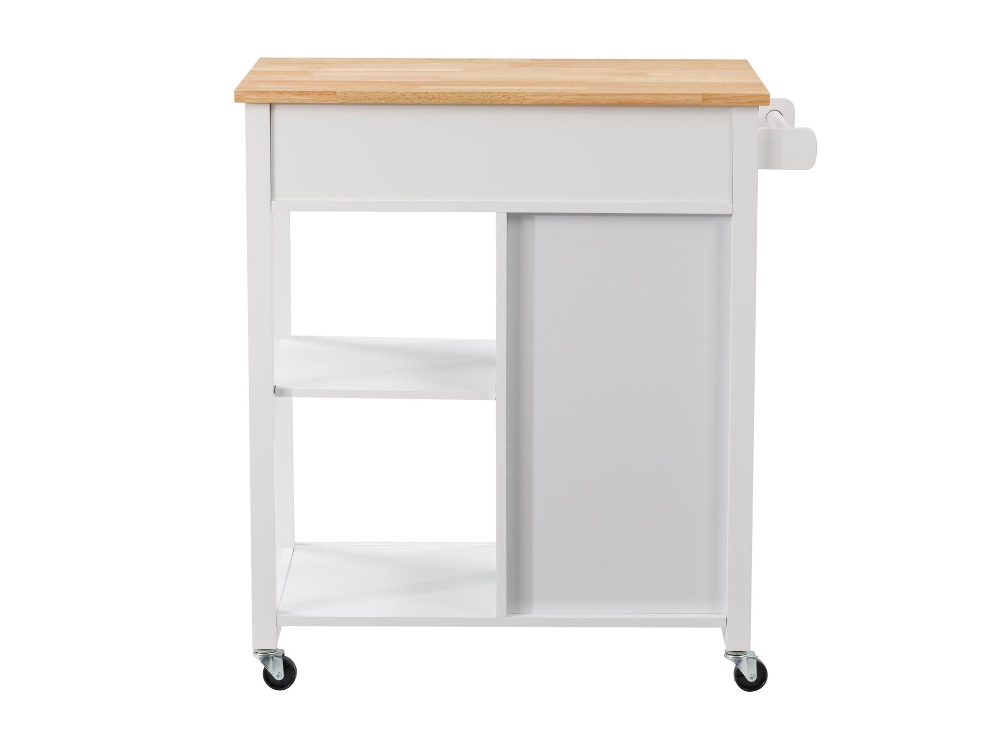 White kitchen cart on wheels with a natural wood top, featuring two drawers, a lower shelf, and side towel rack. Ideal for additional kitchen storage and workspace.